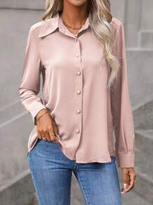 EMERY ROSE Solid Button Front Shirt,Long Sleeve Tops Fall Cloth For Women - Pink - View 4