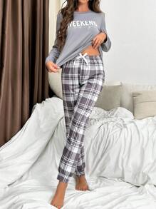 Slogan Graphic Tee & Plaid Print Pants PJ Set / Pajama Set  Cozy And Elegant Details, Fall Clothes - Grey - View 4