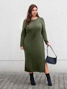 SHEIN Essnce 大碼素色高衩洋裝 - 軍綠色 - 查看 3