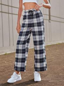 SHEIN EZwear 格紋印花腰部抽繩長褲 - 藍白色 - 查看 4