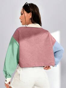 SHEIN EZwear Áo khoác ngắn cài nút có túi vá chữ bằng vải nhung kẻ cho mùa thu/đông - Nhiều màu - Xem 2