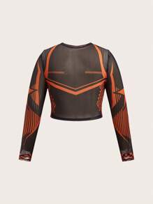 SHEIN ICON 大碼條紋和星星印花網紗上衣 - 橘色 - 查看 2