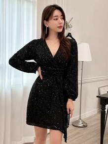 Dazy Star Đầm quấn sequin cổ chữ V tay phồng đính sequin, đầm dạ hội, đầm dự tiệc cho nữ, đầm mùa thu, đầm dự tiệc Homecoming, đầm dự lễ hội cho nữ, đầm lấp lánh cho lễ hội hóa trang. - màu đen - Xem 5