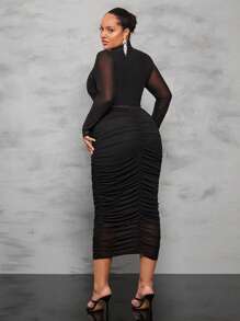 SHEIN BAE Hơn Cổ giả Mùa vụ Lưới Áo & Xù Váy bút chì - màu đen - Xem 2