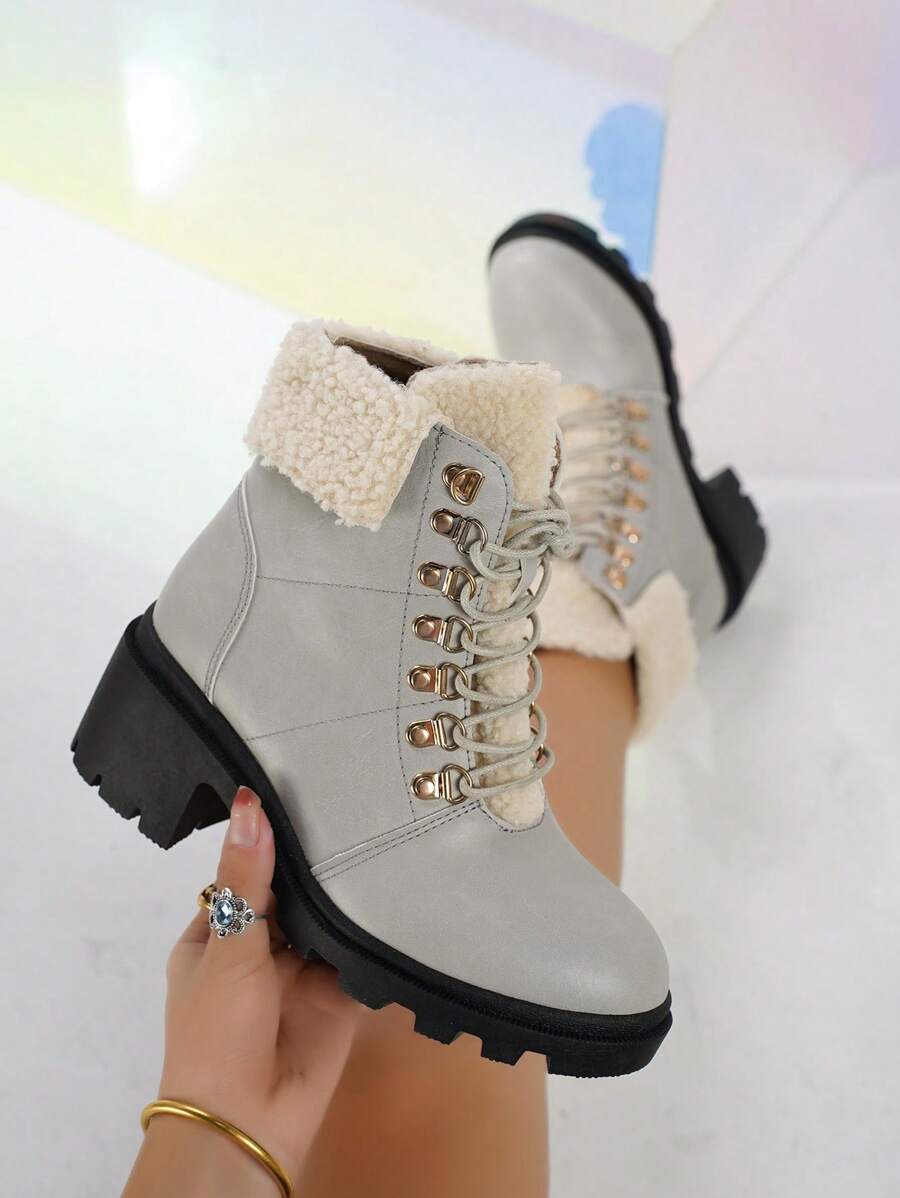 女款及踝靴，休閒，保暖，粗跟，純色，繫帶，圓頭，人造羔羊毛短靴 - 灰色 - 查看 1