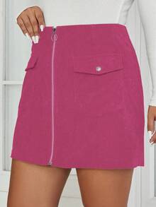 Flirla 大碼拉鏈開襟翻蓋口袋燈芯絨半身裙 - 中紫紅色 - 查看 4