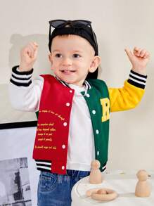 男嬰標語圖案貼布細節撞色學院風夾克 - 彩色 - 查看 1