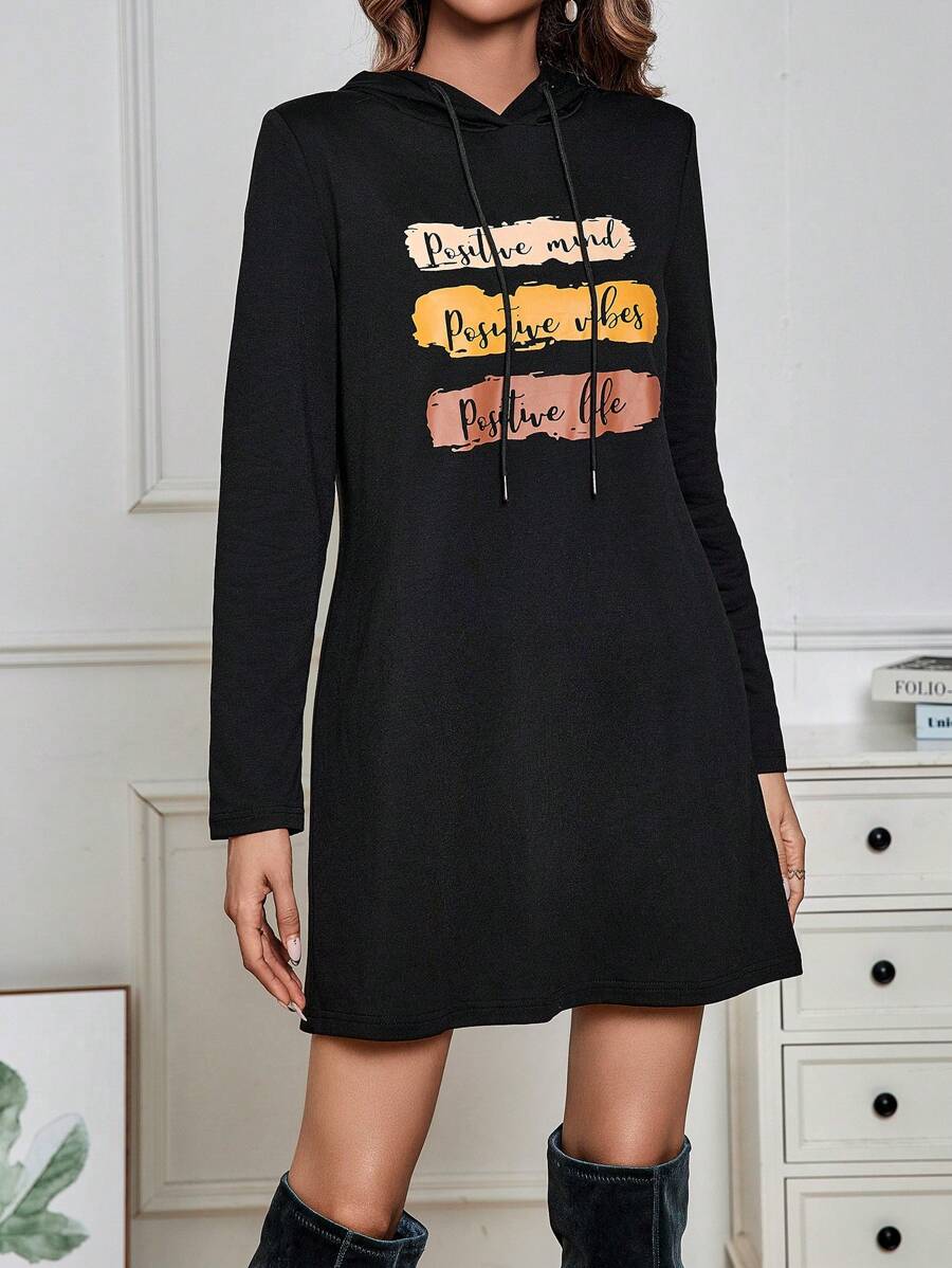 SHEIN LUNE Của phụ nữ áo có mũ Dây rút In thư Đầm nỉ - màu đen - Xem 1