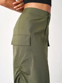 SHEIN Essnce Flap Pocket Drawstring Waist Cargo Skirt - Army Green - View 5