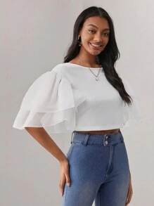 ASH Solid Butterfly Sleeve Crop Top - White - View 6