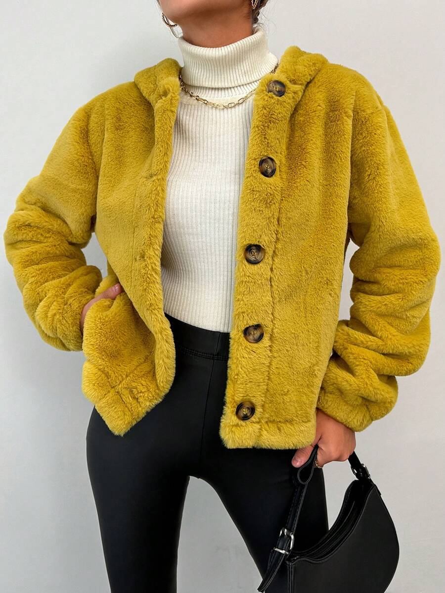 EURMUSE Button Front Hooded Teddy Coat - Yellow - View 1