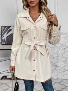 SHEIN Essnce Flap Detail Drop Shoulder Belted Coat - Apricot - View 1