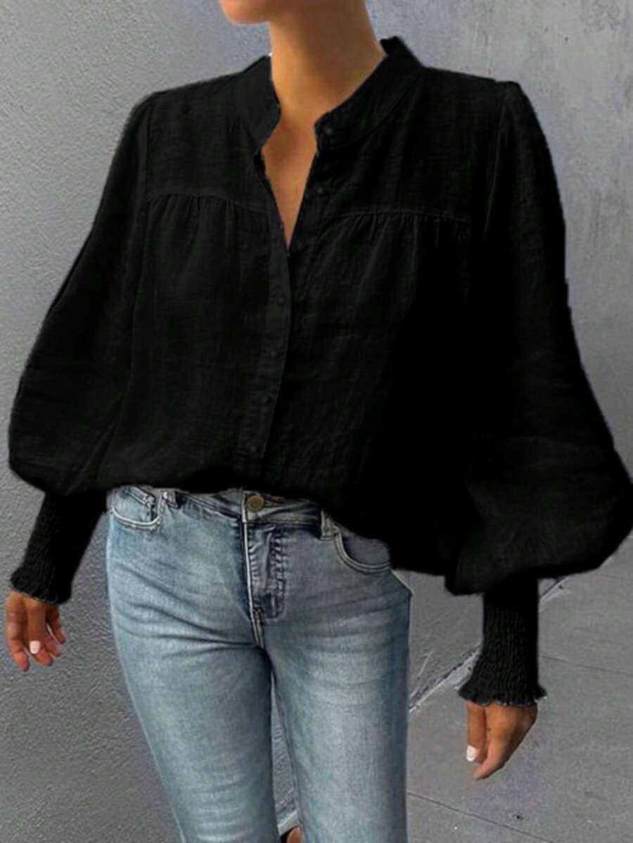 Solid Button Front Bishop Sleeve Shirt - Black - View 1
