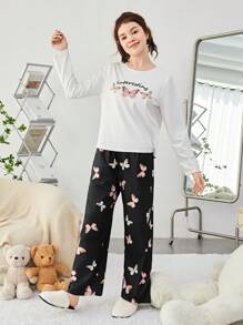 SHEIN Camiseta Con Estampado De Letras Y Mariposas Para Chicas Adolescentes Y Pantalones Largos Ropa Para El Hogar