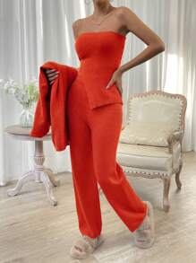 Chiquease 素色抹胸針織上衣和針織褲&落肩袖開襟衫 - 橘色 - 查看 3