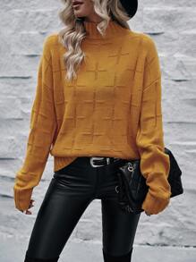 SHEIN LUNE Chất rắn Cổ giả Thả vai Áo len - Màu vàng - Xem 4