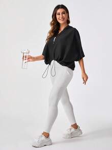 SHEIN Daily&Casual Batwing Sleeve Drawstring Hem Zip Up Sports Hooded Jacket - Black - View 6