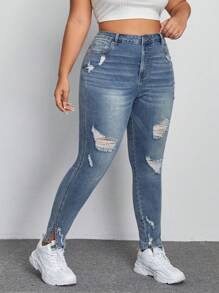 SHEIN EZwear Hơn Quần jean rách - Rửa trung bình - Xem 5