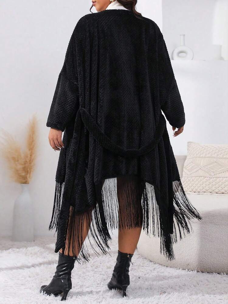 Plus Fringe Hem Belted Fuzzy Coat