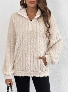 SHEIN Frenchy Zip Up Drop Shoulder Fleece Sweatshirt - Apricot - View 1