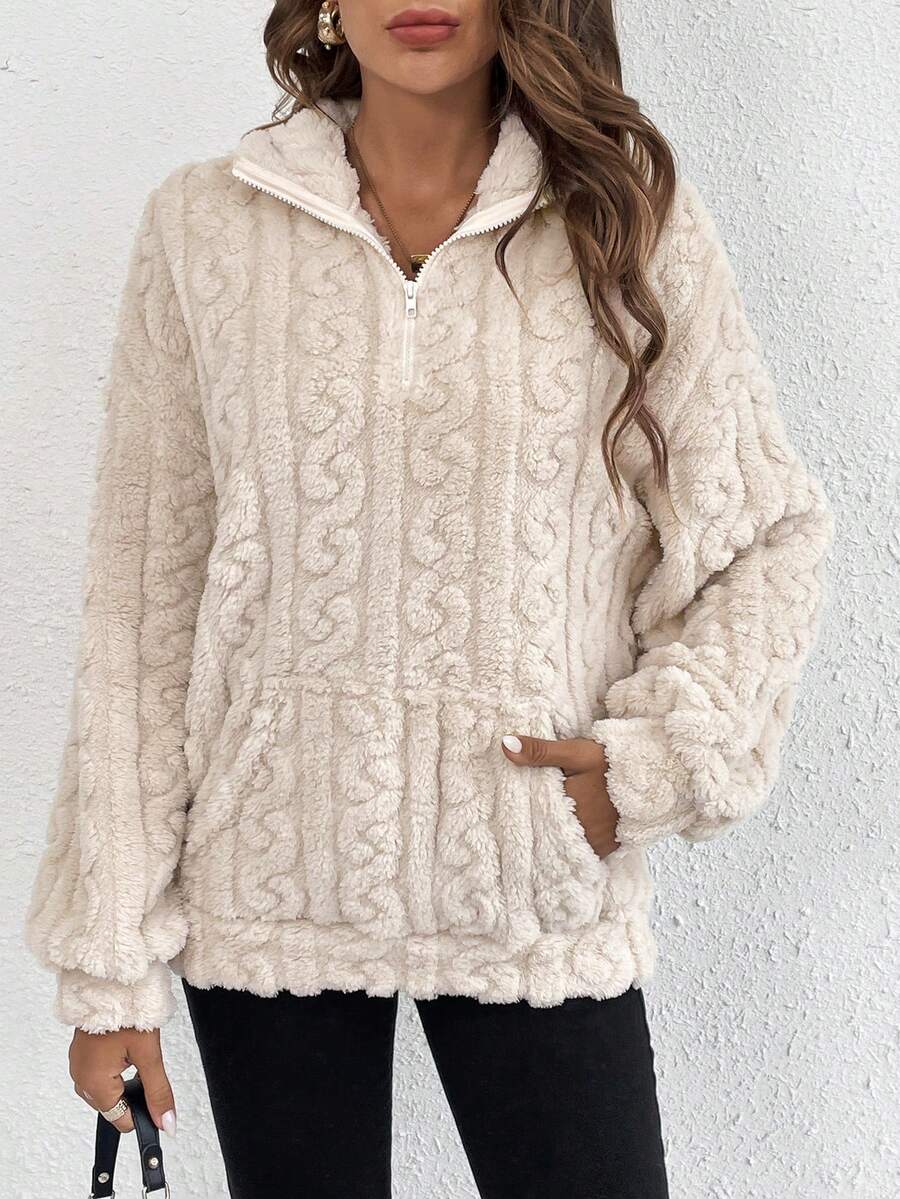 SHEIN Frenchy Zip Up Drop Shoulder Fleece Sweatshirt - Apricot - View 1