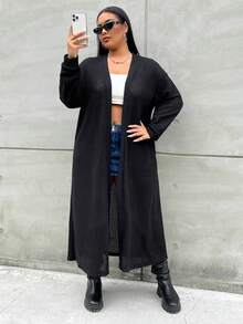 Flirla Talla grande Abrigo largo de hombros caídos con parte delantera abierta - Negro - Ver 4