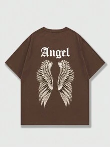 ROMWE MEN Goth 男士翅膀和字母圖案T恤 - 咖啡棕 - 查看 1