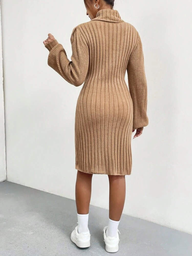 Turtleneck Lantern Sleeve Belted Sweater Dress