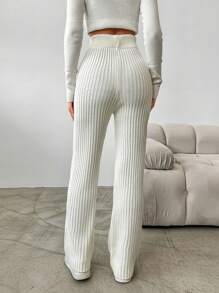 EURMUSE Solid Ribbed Knit Straight Leg Sweater Pants - Beige - View 2