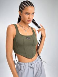 SHEIN EZwear 西部風格牛仔女孩字母補丁細節手帕下擺背心上衣 - 軍綠色 - 查看 4