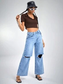 SHEIN EZwear Collared V-neck Rib-knit Tee - Chocolate Brown - View 2