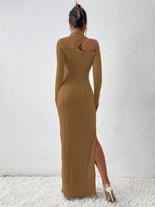 SHEIN LUNE Asymmetrical Neck Split Thigh Dress - Brown - View 2