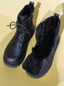 秋冬新款保暖内衬短靴，英伦风时尚百搭女鞋，保暖，黑色，系带和侧拉链设计，圆头高帮靴，厚底 - 黑色 - 查看 1