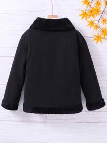 SHEIN Thiếu niên cô gái 1 Miếng Cổ áo Borg Túi có nắp Thả vai Dây kéo Áo khoác - màu đen - Xem 2