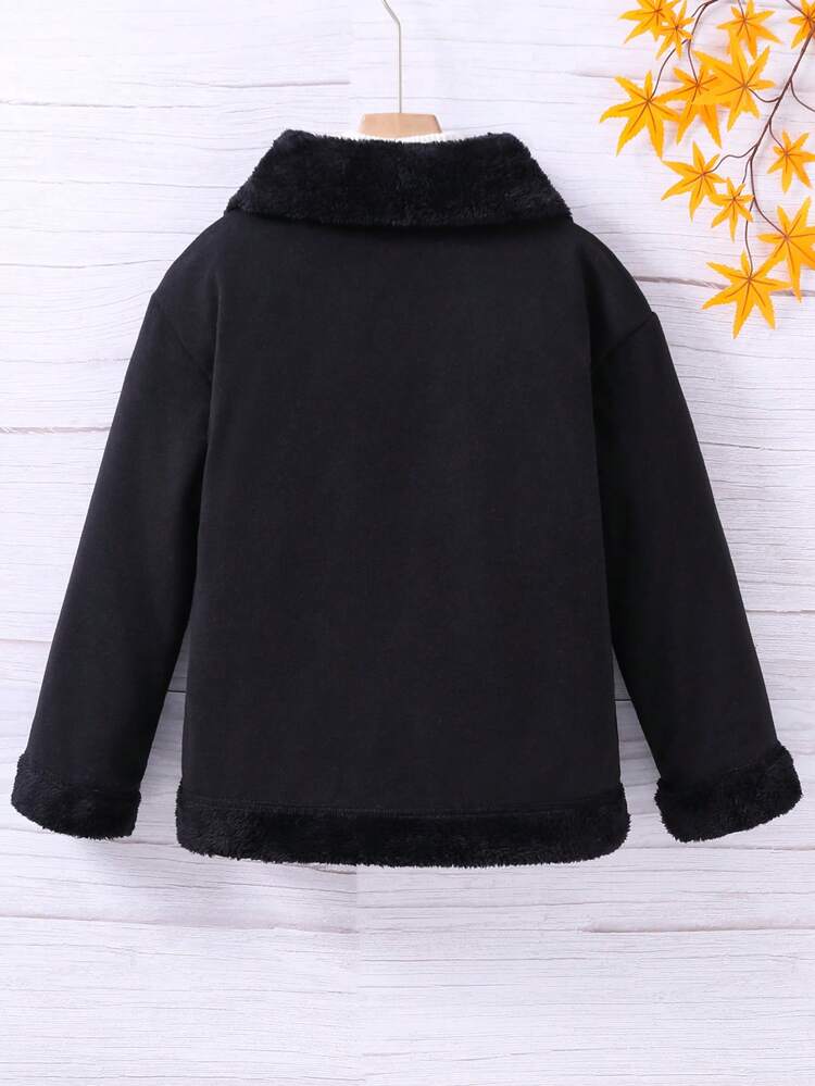 Tween Girl 1pc Borg Collar Flap Pocket Drop Shoulder Zipper Overcoat