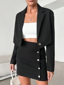 EURMUSE Lapel Neck Crop Blazer & Button Front Skirt - Black - View 3