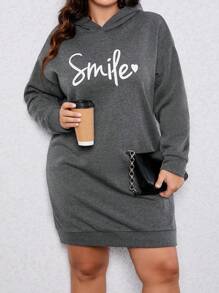 SHEIN LUNE Plus Letter Graphic Drop Shoulder Hooded Sweatshirt Dress Graduation,Back To School,Graduation,Teacher For Women,Back To School Pullover Fall Winter Sweatshirt Autumn - Grey - View 4