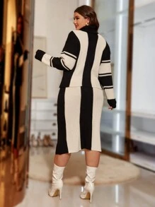 SHEIN Unity Plus Two Tone Turtleneck Drop Shoulder Sweater & Knit Skirt Without Belt - Black and White - View 2