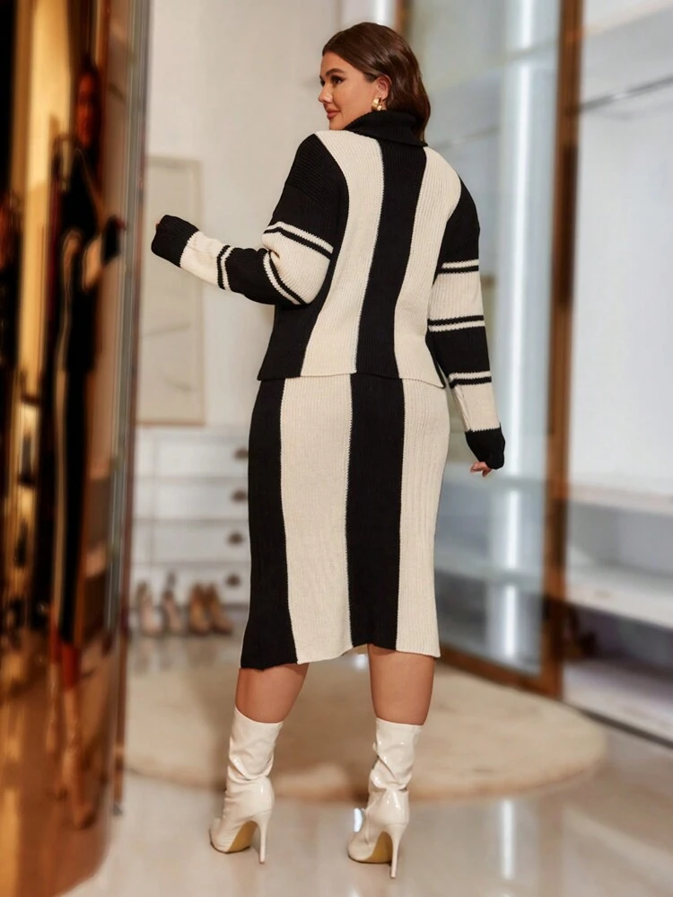 Plus Two Tone Turtleneck Drop Shoulder Sweater & Knit Skirt Without Belt