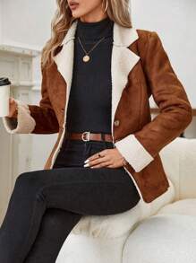 SHEIN Clasi 毛絨內襯單排釦外套 - 杏色 - 查看 3