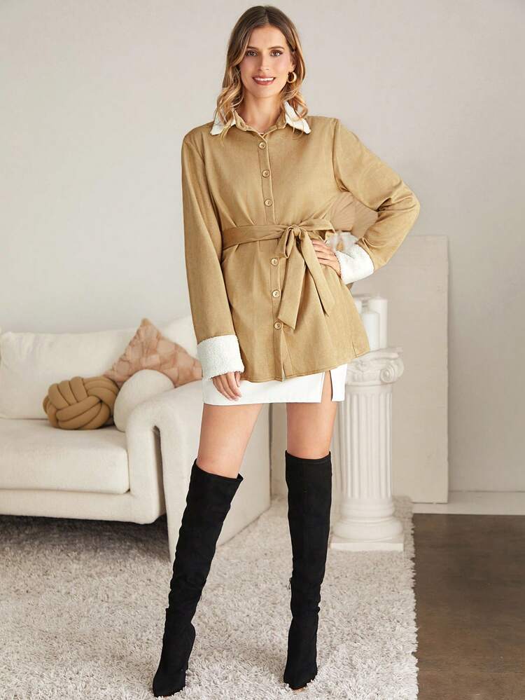Teddy Trim Button Front Belted Coat