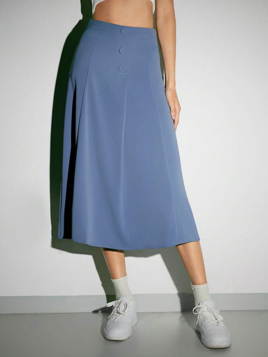 DAZY High Waist Fold Pleated Skirt - Dusty Blue - View 1