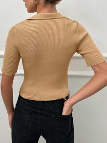 EURMUSE Zip Up Ribbed Knit Crop Cardigan - Camel - View 2