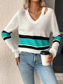 SHEIN Unity 条纹镂空针织套头衫秋冬毛衣 - 彩色 - 查看 5