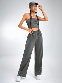 SHEIN EZwear 素色抹胸上衣和闊腿褲 - 深灰色 - 查看 1