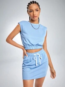 SHEIN Unity 短款背心和腰部抽繩裙子套裝 - 淺藍色 - 查看 1