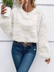 SHEIN Essnce 素色落肩袖絨毛套頭毛衣 - 白色 - 查看 6