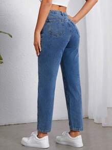 SHEIN Frenchy Stepped Waist Mom Fit Jeans - Medium Wash - View 2