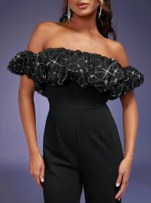 SHEIN Unity Enterizo De Lentejuelas Con Volantes Y Escote Descubierto - Negro - Ver 3