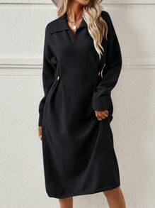 SHEIN Unity Solid Drop Shoulder Twist Side Sweater Dress - Black - View 3